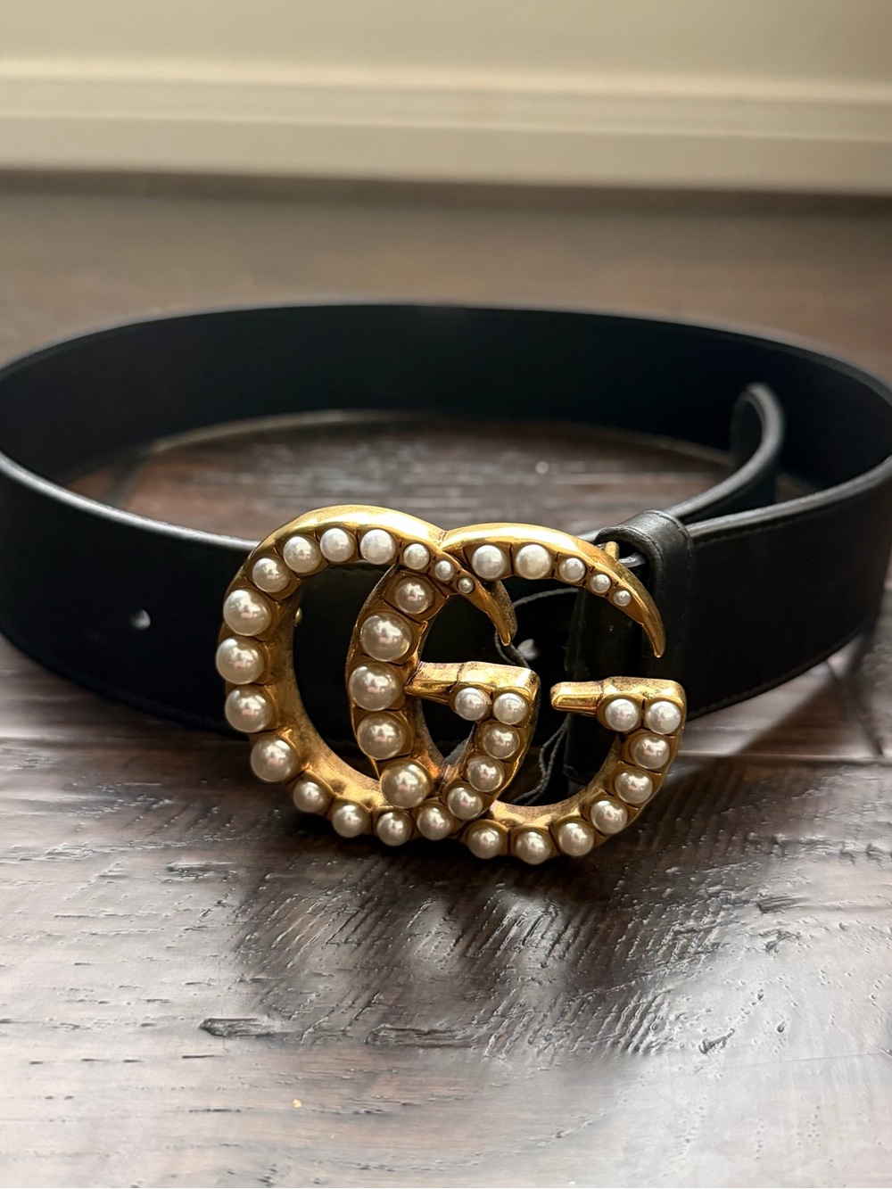 Gucci Black Leather Belt Gold Pearl Double G Buckle. Original Receipt in Photo